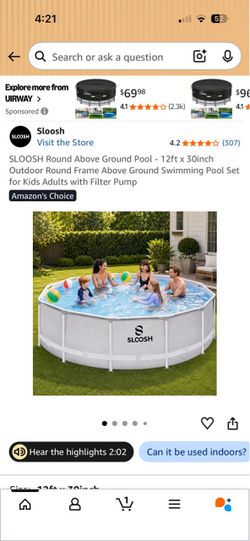 Sloosh 12ft x 30in Round Above Ground Pool