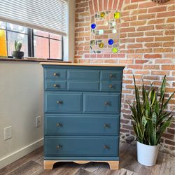 Newly Refinished Coastal Modern Solid Maple Dresser – Blue Finish, Natural Wood Top, Vintage Style - Free Delivery!