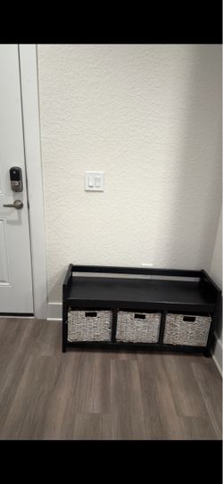 Black Storage Bench with 3 Wicker Baskets