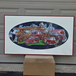 Large Framed Vintage Fire Truck Puzzle Wall Art - Custom Matted (46"x26")