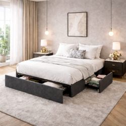 Queen bed 3 StoraBed Frame with Vertical Channel Tufted Wingback Headboard, Upholstered Platform Bed with Wood Slats, No Box Spring Needed, Easy Assem