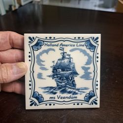 Art Ceramic Tile Holland America Line MS Veendam Dutch Cruise Line Coaster 4" X 4"