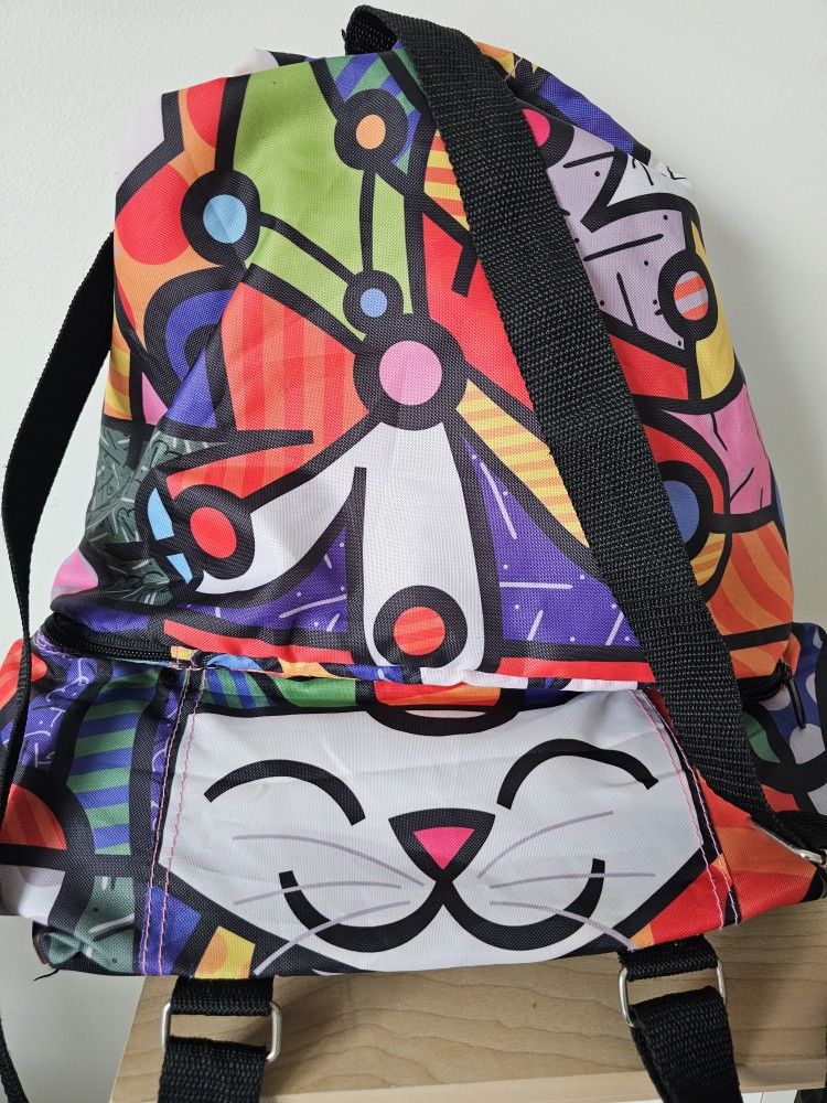 $75.00 - Romero Britto Backpack, Insulated Lunch Bag/Cat, Flowers & Butterfly Art/Great Condition! LOWEST PRICE!