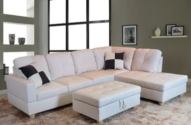 Brand New White Leather Sectional With Storage Ottoman & 2 Decorative Pillows