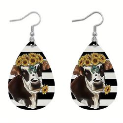 Black And White Striped Cow And Sunflower Faux Leather Earrings 