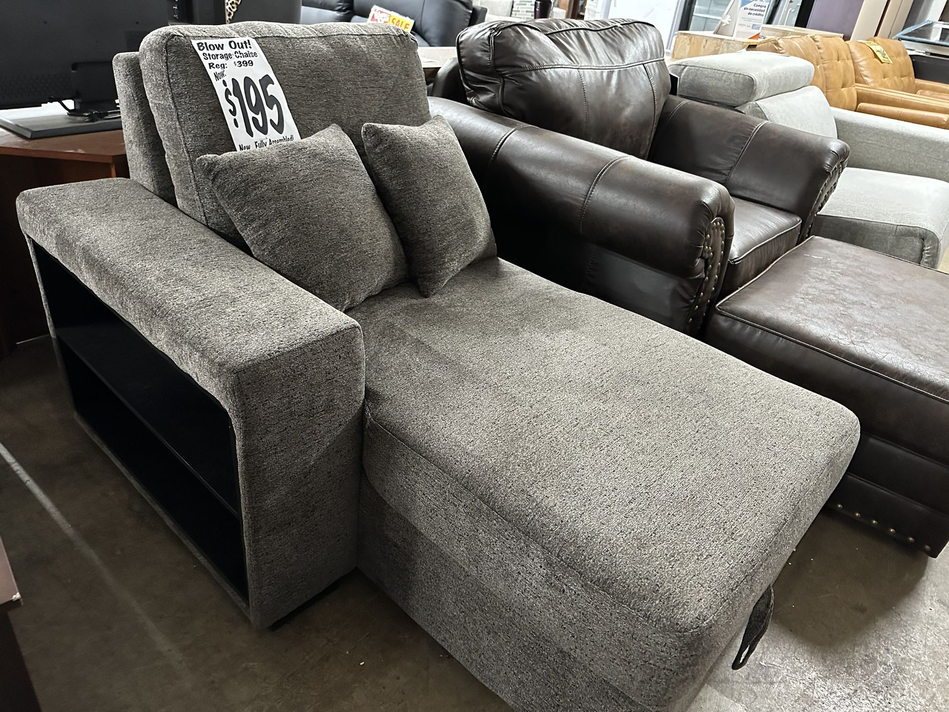 STORAGE Chaise Sofa - BRAND NEW with Storage Under Seating And Built In Shelves On Side!  Rich Gray Fabric (Reg. $400)