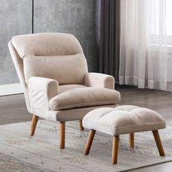  Accent Chairs with Ottoman Set, Modern Velvet Armchair with Adjustable Backrest, Comfy Lounge Chair for Living Room Bedroom, Beige