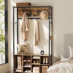 Hall Tree with Bench and Shoe Storage, Coat Rack with Shoe Bench, Entryway Furniture, Open Compartments, Industrial Style, Space Saving, Rustic Brown 