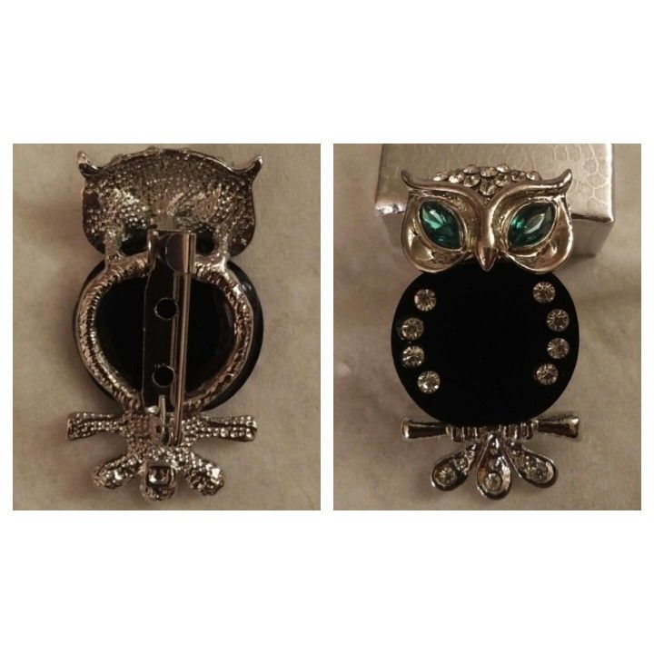 Silver And Black Faux Diamond Owl Brooch