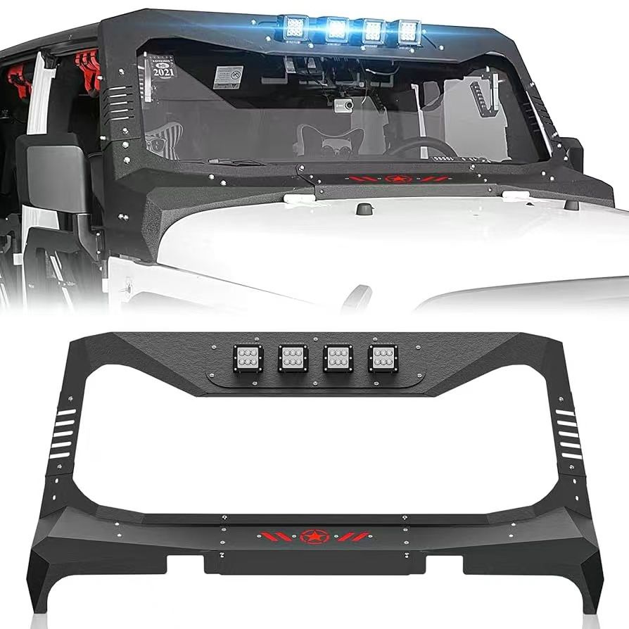 for Wrangler JK Windshield Frame Cover Mad Max Roof Sun Visor Cowl Body Armor with 4 LED Lights Insert Compatible with 2007-2018 Jeep Wrangler JK JKU,