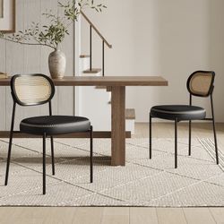 Rattan Dining Chairs Set of 2, Black Leather Upholstered Dining Chairs with Rattan Cane Back, Mid Century Modern Dining Room Chairs with Black Metal L