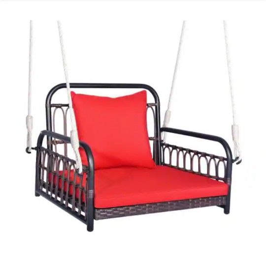 1 Person Patio Rattan Porch Swing Hanging Chair W/ Red Seat Cushion HW71331RE