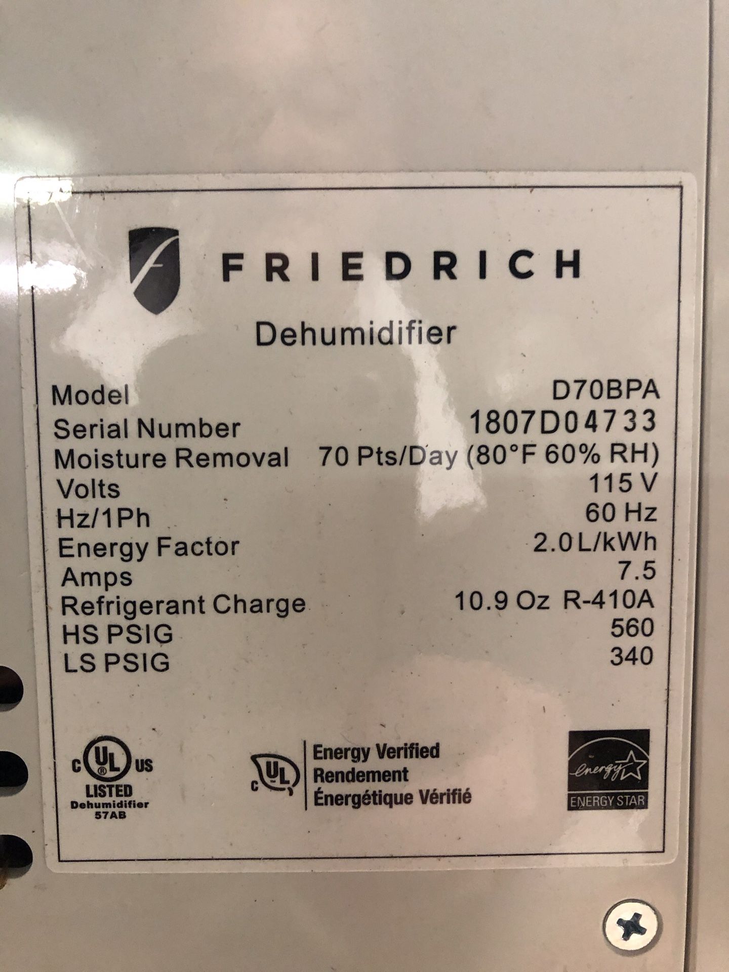 Friedrich Dehumidifier