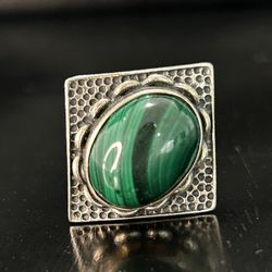 Vintage Ring Size 10 Silver 925 Malachite Royal Oval Large Green Hammered