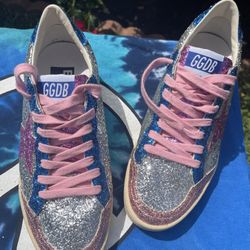 Golden Goose Ball Star Glitter Sneakers, Sz 37 multi-colored version featuring Silver, Blue, and Pink, glitter 