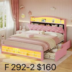 Full Size Bed Frame with LED Lights Headboard,4 Drawers,Charging Station,Guardrail,Crystal Button,(292-2)