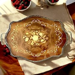 1970’s Large Italian Marquetry Brass Handled Serving Tray