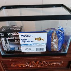 Aqueon Glass Aquarium 5.5 Gal./Brown Pebbles/ Sicce Filter/Cave/Net/Easy Balance