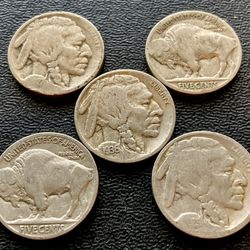 5 Vintage 1930s 1920s Indian Head Buffalo Nickels Rare Coins HTF 
