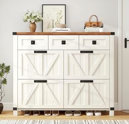 Shoe Cabinet for Entryway with 4 Flip Drawers & 3 Storage Drawers, Shoe Rack Freestanding Shoe Organizer Cabinet with Sturdy Legs, Brown and White