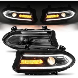 KUAFU Headlight LED DRL Assembly with Bulbs Compatible with 2015-2023 Dodge Charger w/Factory Halogen Headlamp Models Clear Lens Black Housing Left & 