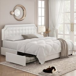 King Size Storage Bed, 4 Drawers PU Leather Platform Bed Frame with Adjustable Upholstered Headboard, White