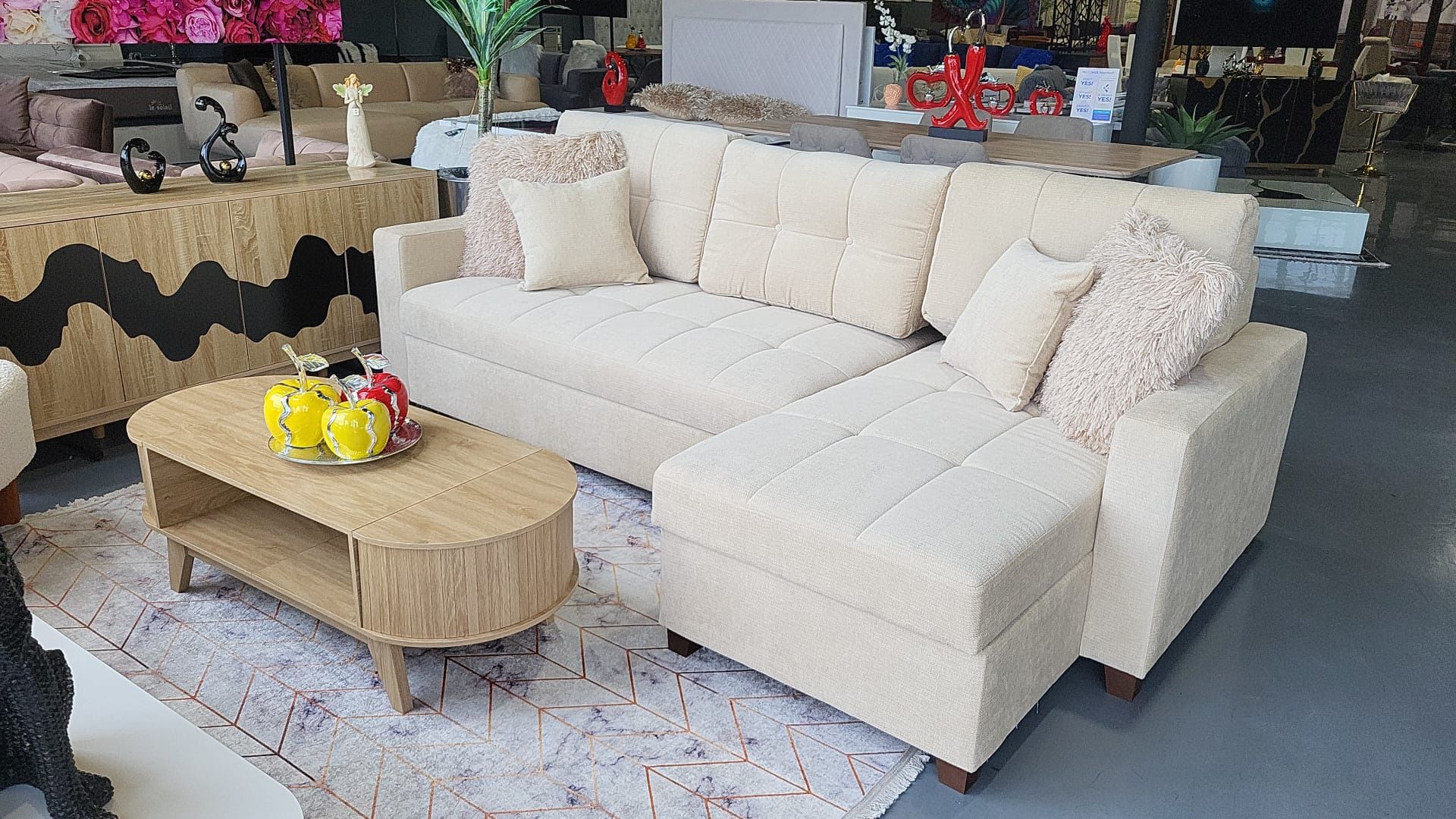 REVERSABLE SLEEPER SECTIONAL BEIGE GRAY DARK GRAY FABRIC 101×60