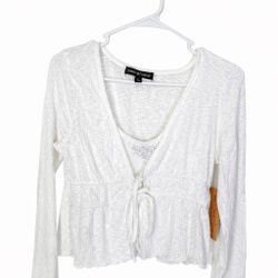 White Tie-Front Long Sleeve Top