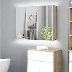 36" x 24" Triple Door LED Bathroom Mirror with Adjustable Shelf, White Oak