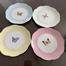 Lenox Dessert Plate Butterfly Meadow Green Yellow Blue Pink Rim Set of 4  