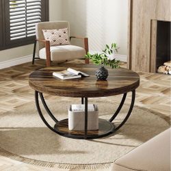 Round Coffee Table, 31.7" Wooden 2-Tier Circle Coffee Table with Storage Shelves, Modern Accent Cocktail Table Center Table for Living Room, Rustic Br