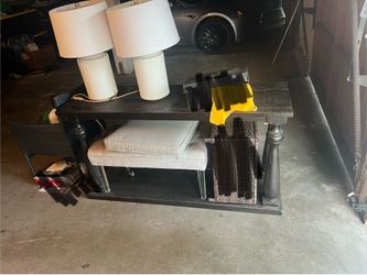 Black Solid Wood Table, 2 lamps, and chair
