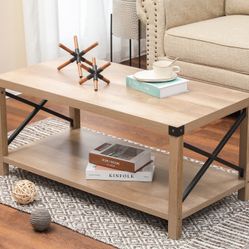 39.37in. L Rustic Natural Wood Rectangle Particle Board Coffee Table，IF1342
