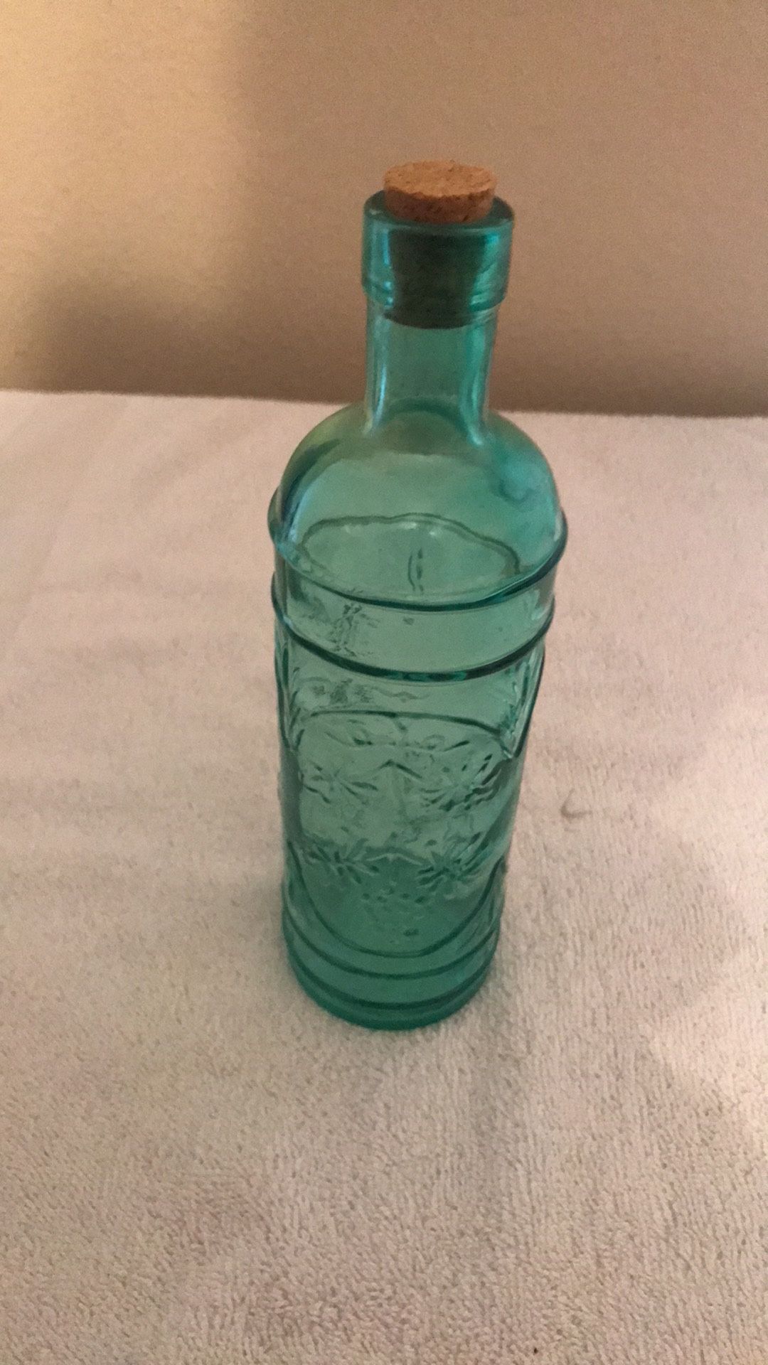 Vintage COLLECTIBLE Pale Green Glass Bottle w/ Decorative Embossed Grape Pattern