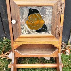 Vintage Wood Medicine Cabinet / Wall Cabinet with Stain/ Color Glass Door