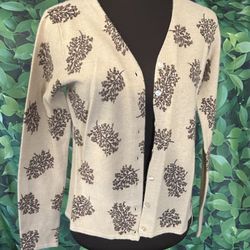 Carole Little Womens Cardigan Sweater Size Small Tan With Brown Floral Pattern 