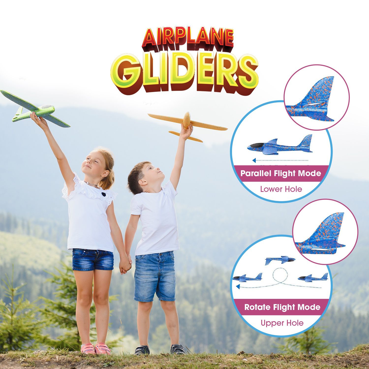 2  Pc 19” Foam Airplane Gliders For Kids, 2 Flight Mode