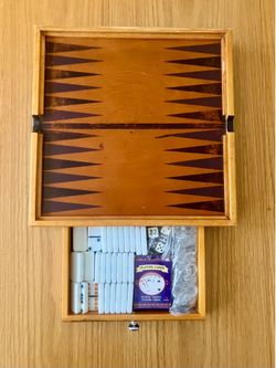 Vintage Wooden Backgammon Set w/ a Slide-Out Storage Includes Domino’s, Playing Cards & Dice