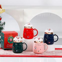 Christmas Cute Santa Claus Figurines Ceramic Cup Creative Snowball landscape Lid Mugs Xmas Gift Milk Coffee Cup For Office Home