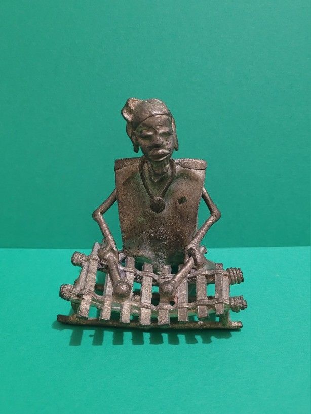 Vintage Brass Handmade Lost Wax Sitting Balafon Player Ivory Coast Africa.