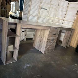 Farmhouse 96.5" Computer Desk with Drawers, 2 Person Home Office Desk, Gaming Double Desk with Storage Shelves, Long Two Person Writing Desk (Grey)