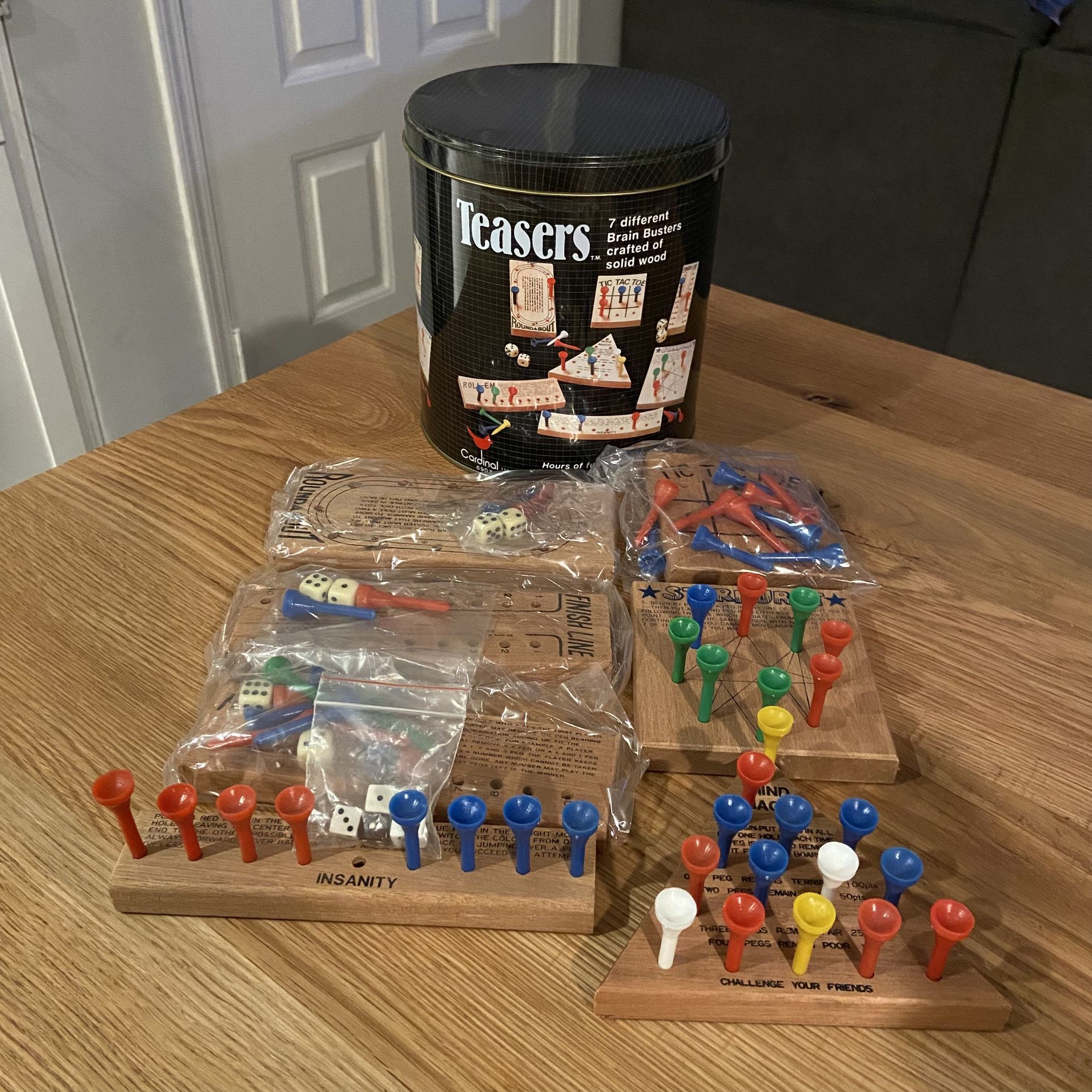 Teasers Wooden Peg Games Brain Busters Solid Wood 7 Puzzles COMPLETE in Tin