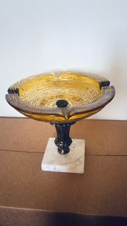 Amber Glass Ashtray on Ornate Pedestal Stand