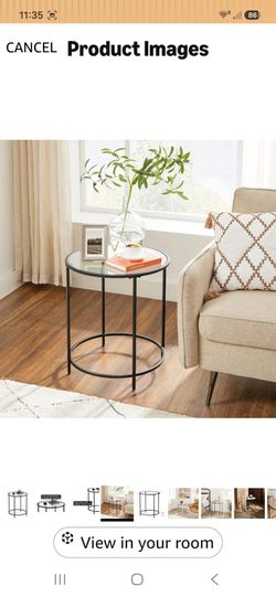 New Modern VASAGLE Round Side Table, Glass End Table with Metal Frame