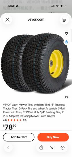 VEVOR Lawn Mower Tires with Rim, 15x6-6" Tubeless Tractor Tires, 2-Pack Tire and Wheel Assembly, S-Turf Pneumatic Tires, 3" Offset Hub, 3/4" Bushing S
