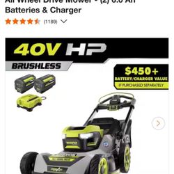 Ryobi 40V HP Brushless Whisper Series 21. in Walk Behind Self-Propelled All Wheel Drive Mower - (2) 6.0 Ah Batteries & Charger