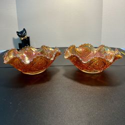 Imperial Vintage 1920s 2 Hobstar & Arches Marigold Carnival Glass Fruit Bowls
