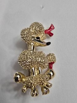 Silver-tone Poodle Brooch Pin with Red Enamel Ribbons