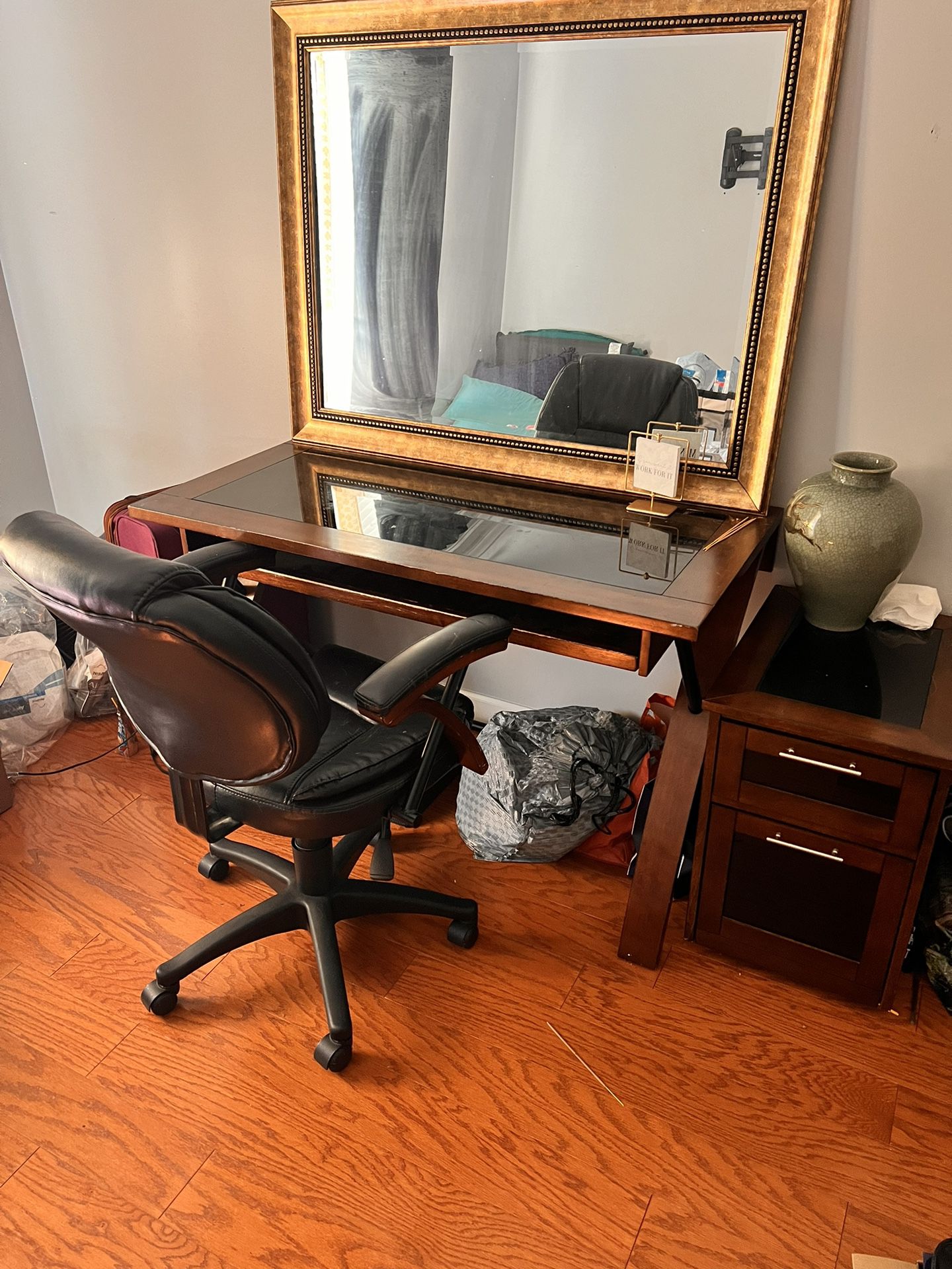 Glass Top Computer Desk, File Cabinet And chair