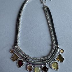 Bold Silver Black Statement Necklace Geometric Crystal Chunky Multi Strand